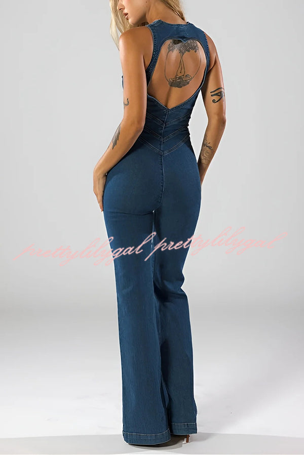 Fashionable Heart Hollow Back Slim High Waist Flared Denim Jumpsuit