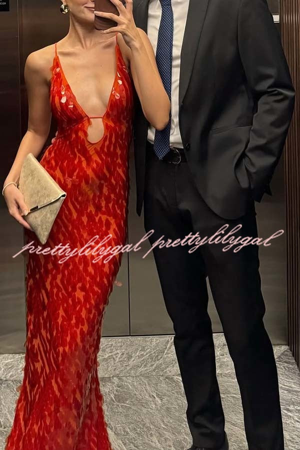 Reshape Beauty Fish Scale Sequin Cutout U-neck Slip Maxi Dress
