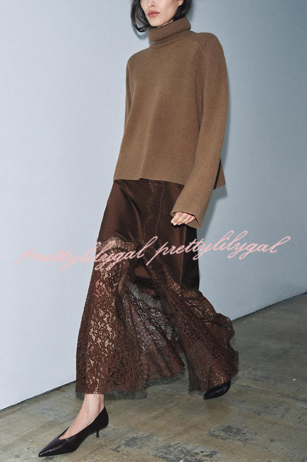 Cozy Sweet Darling Satin Lace Patchwork Mid Rise Slit Maxi Skirt