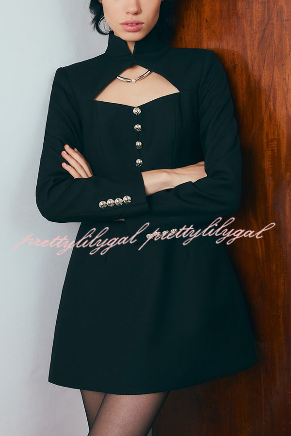 Elegant Long-sleeved Hollowed-out Button-down Slim-fit Mini Dress