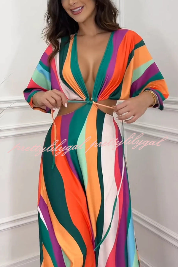 Wilma Unique Print Cutout Elastic Waist Tie-up Kimono Sleeve Maxi Dress