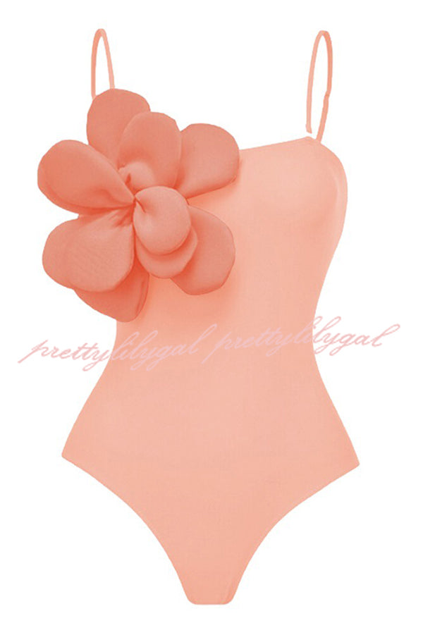 Solid Color Large Flower Decoration Sling Stretch One-piece Swimsuit