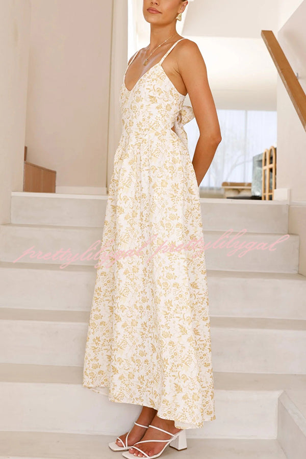 Floral Print V-Neck Sleeveless Back Tie Pocket Maxi Dress