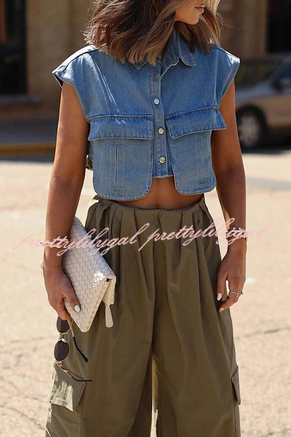Stylish Weekend Denim Button Up Cape Sleeve Pocket Crop Top