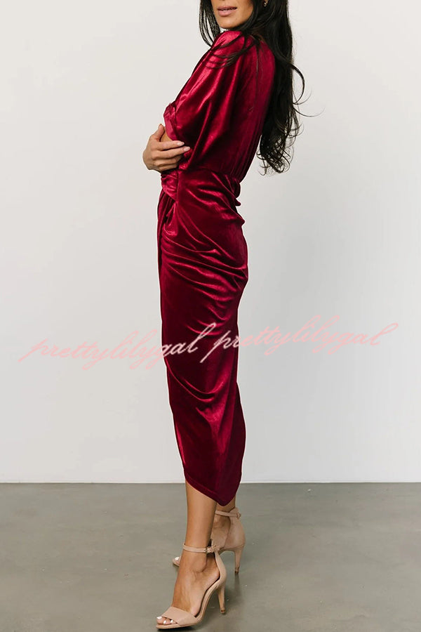 Brendy V Neck Half Sleeve Velvet Pleated Midi Dress