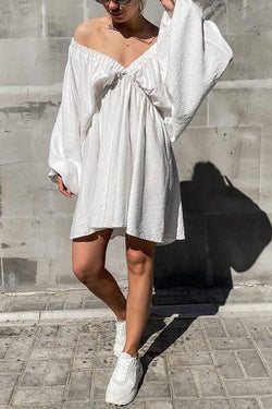 V Neck Puff Sleeve Solid Color Resort Style Mini Dress