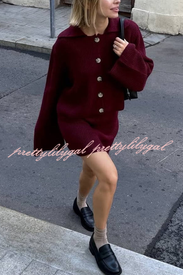 Fashion Lapel Bell Sleeve Knitted Cardigan and Casual Mini Skirt Set