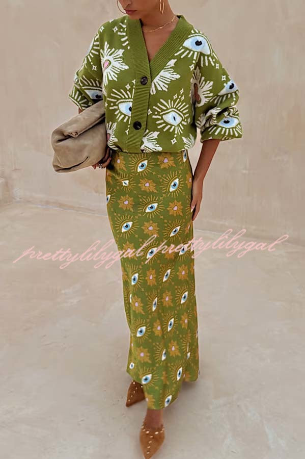 Mysterious Magic Satin Eye Heart Pattern Elastic Waist Drape Maxi Skirt