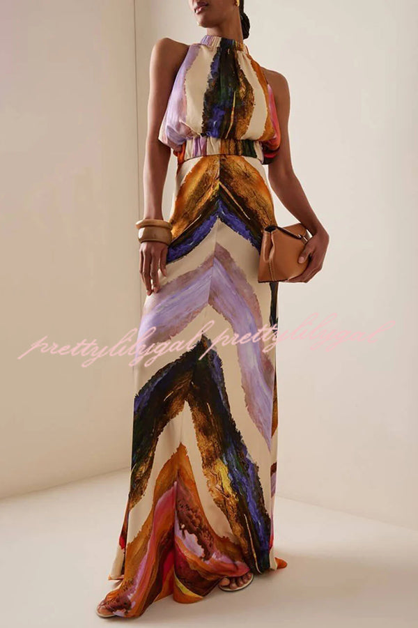 Unique Print Sleeveless Stretch Stand Collar Top and Elegant Maxi Skirt Set