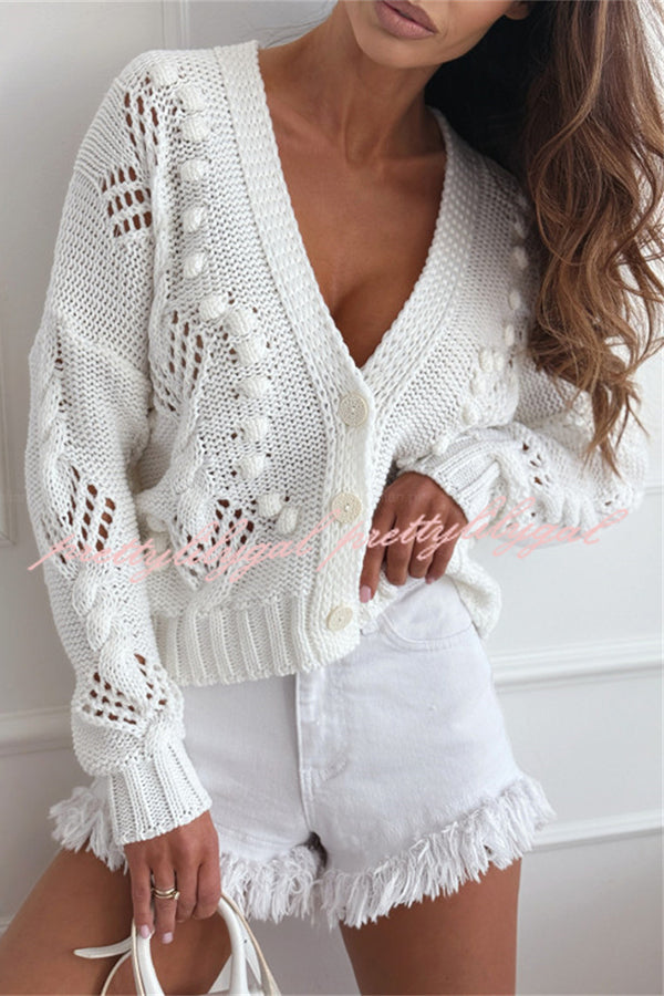 Fashion Hollow Long Sleeve V-neck Button Loose Knitted Cardigan