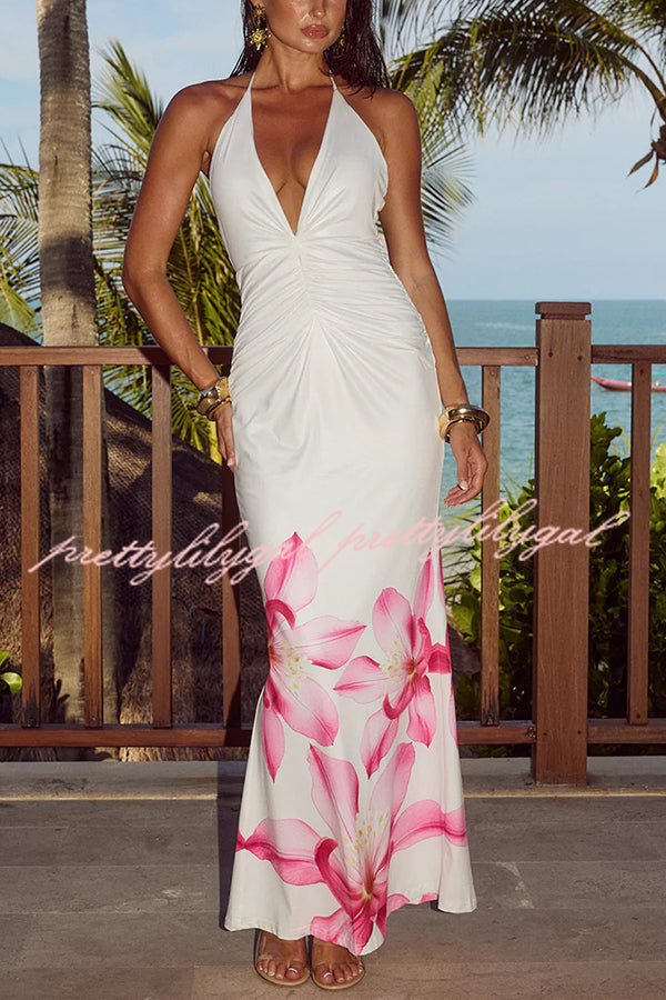 Floral Print Sexy Halterneck Open Back Pleated Slim Maxi Dress