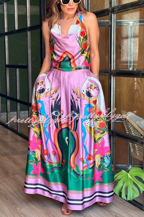 Evangeline Satin Unique Print Back Tie-up Pocket Halter Maxi Dress