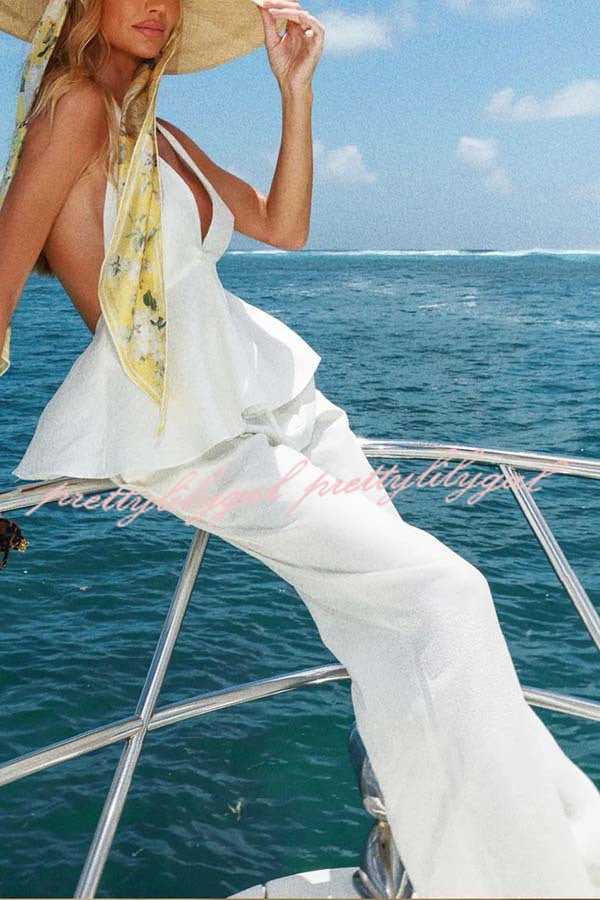 Sakai Linen Blend Bow Ruffle Hem Halter Top and High Rise Pocket Wide Leg Pants Set