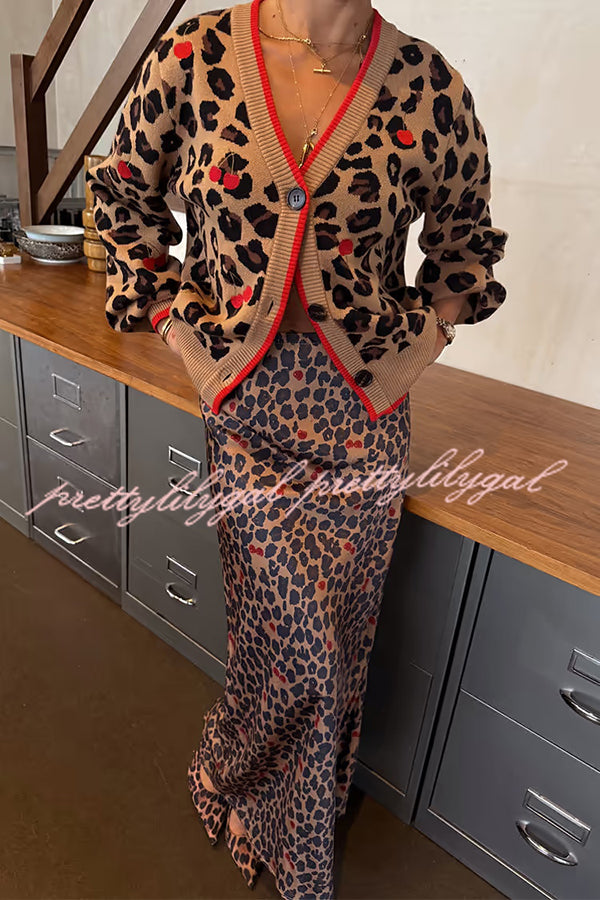 Perfect for Winter Leopard Cherry Print Knitted Button Long Sleeve Loose Cardigan