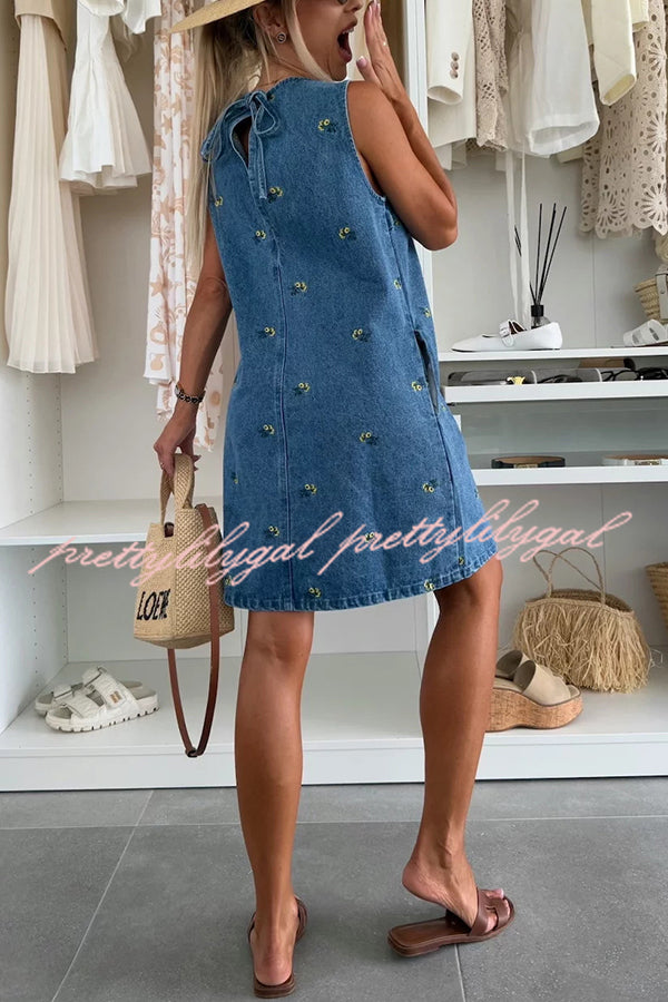 Floral Print Round Neck Sleeveless Loose Denim Mini Dress
