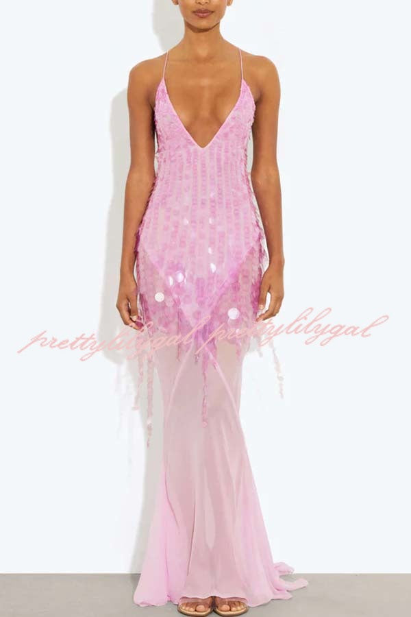 Perfect Night Sequin Embroidery Backless Drape Tulle Hem Slip Maxi Dress