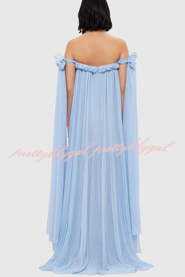 Fairy Spirit Tulle Braided Neckline Tie Arm Straps Pleated Maxi Dress