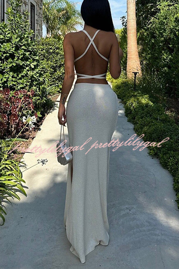 Solid Color Sexy Lace-up Swimsuit and Knitted Elastic Slit Beach Maxi Skirt Set