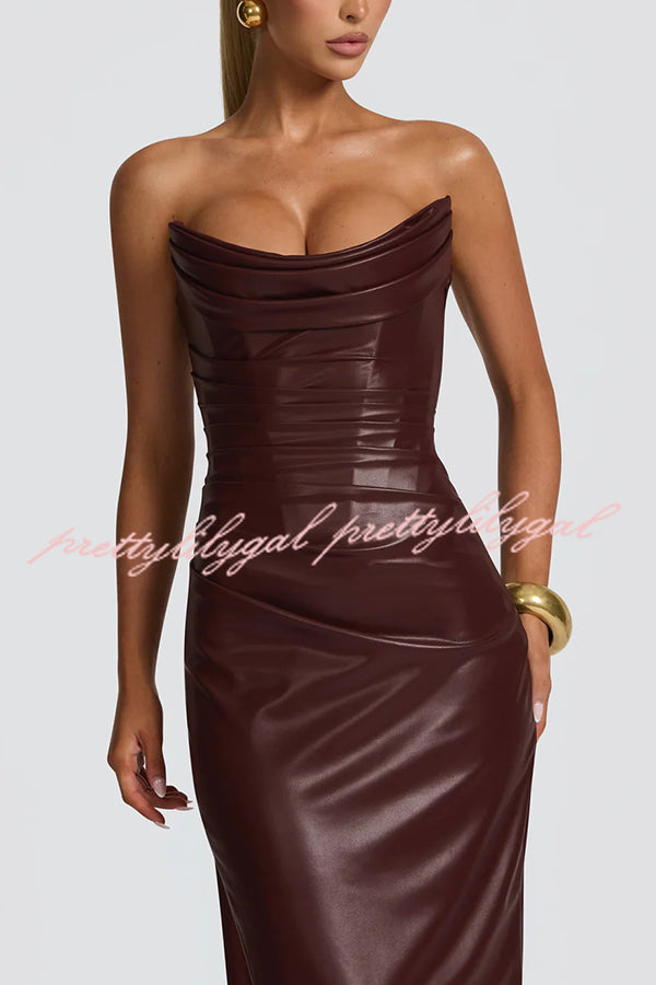 Alba Faux Leather Pleated Off Shoulder Neck Slit Stretch Maxi Dress