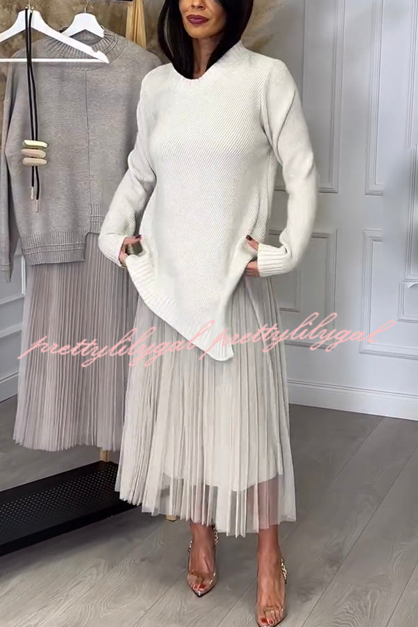 Jensine Ribbed Knit Irregular Loose Sweater and Pleated Tulle Tank Midi Dress Two-piece Set