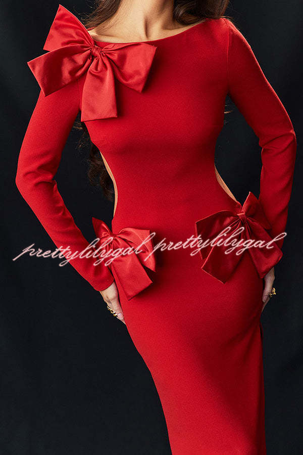 Lovely Bow Cutout Button Back Zipper Long Sleeve Maxi Dress