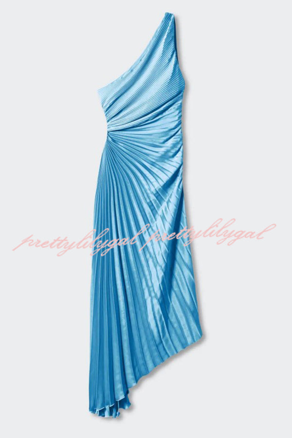 Glam Vibes Satin One Shoulder Side Cutout Pleated Maxi Dress