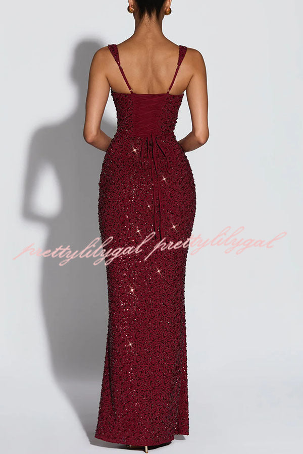 Calanthe Sequin Embellished Chiffon Ruched Square Neck Back Lace-Up Maxi Dress Calanthe Sequin Embellished Chiffon Ruched Square Neck Back Lace-Up Maxi Dress