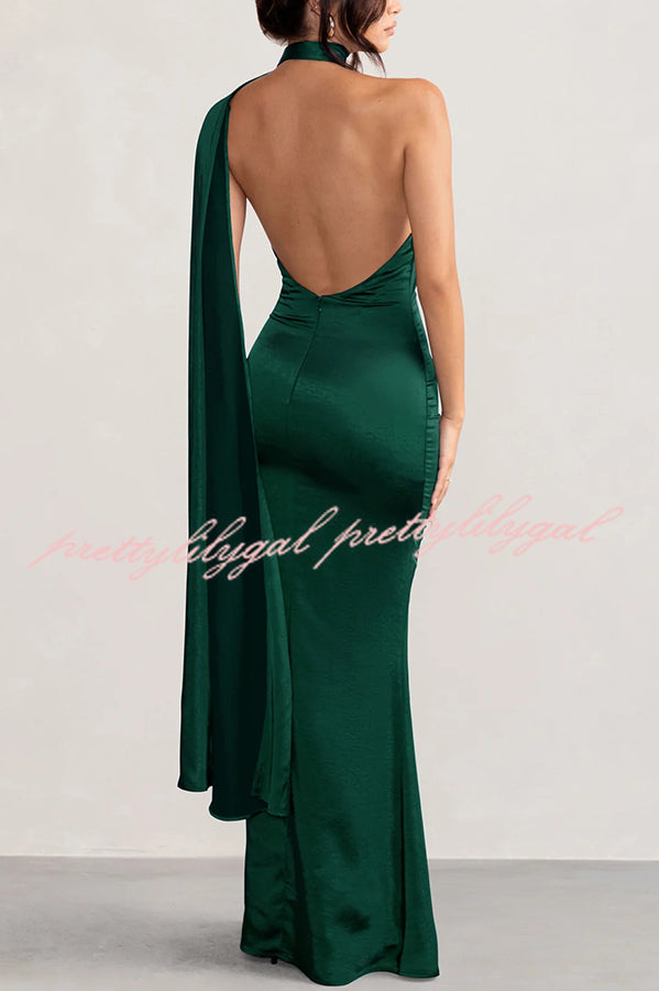 VIP Party Satin Asymmetric Scarf Neck Backless Maxi Dress