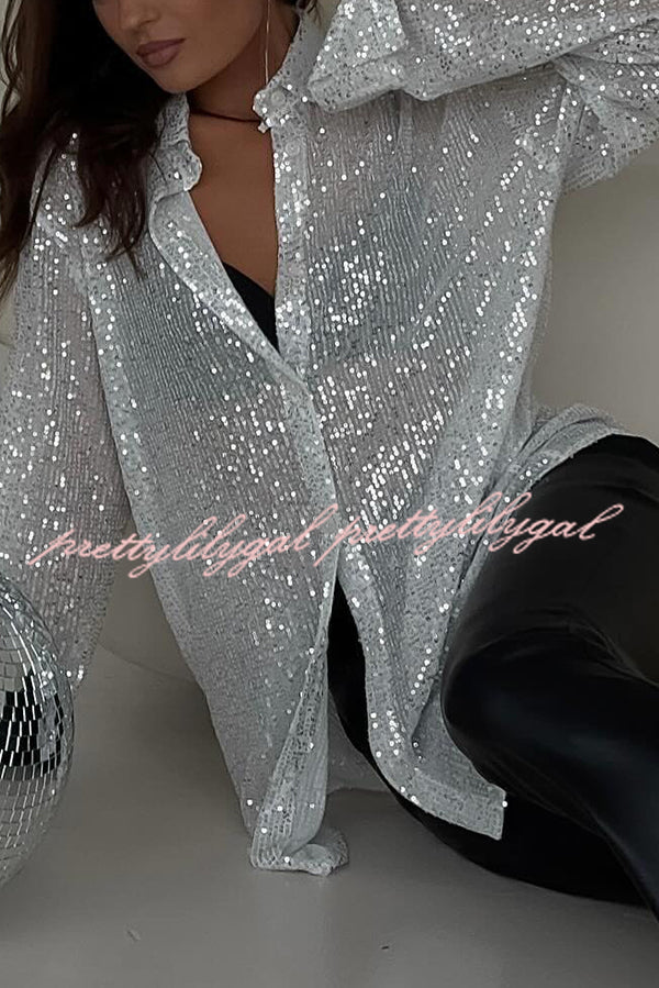 Fashion Sequin Lapel Long Sleeve Loose Shirt