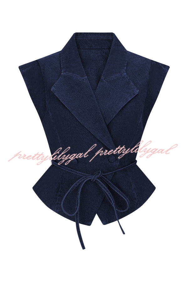 Charley Denim Button Up Cap Short Sleeve Structured Tie-up Lapel Top