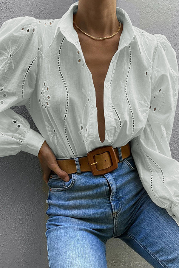 Fashion Hollow Puff Sleeve Casual Lapel Loose Shirt