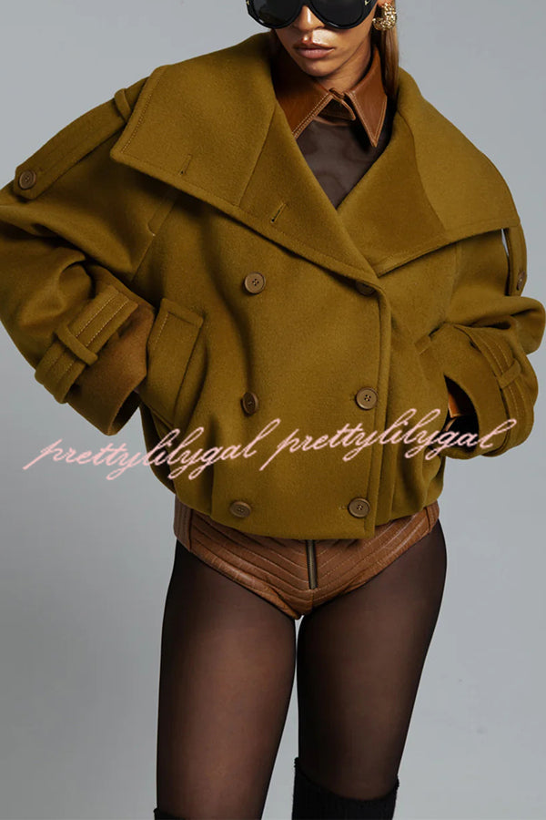 Ellie Epaulettes Stand Neck Double-Breasted Pocket Cropped Loose Woolen Coat
