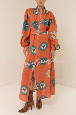 Linen Blend Unique Print Belted Single-breasted Casual Maxi Dress