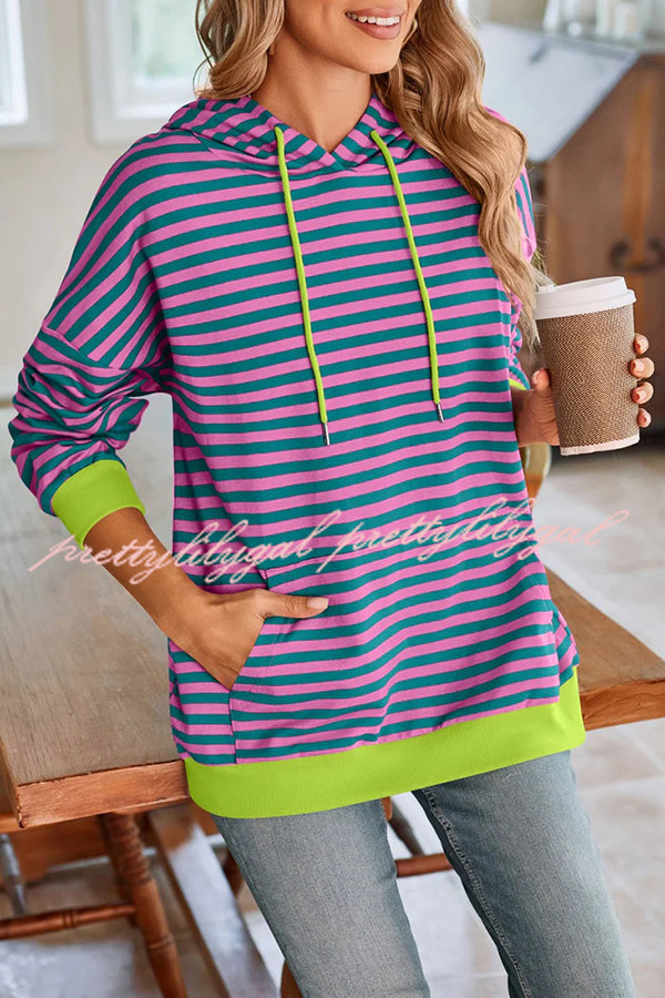 Striped Print Long Sleeve Pocket Loose Hoodie