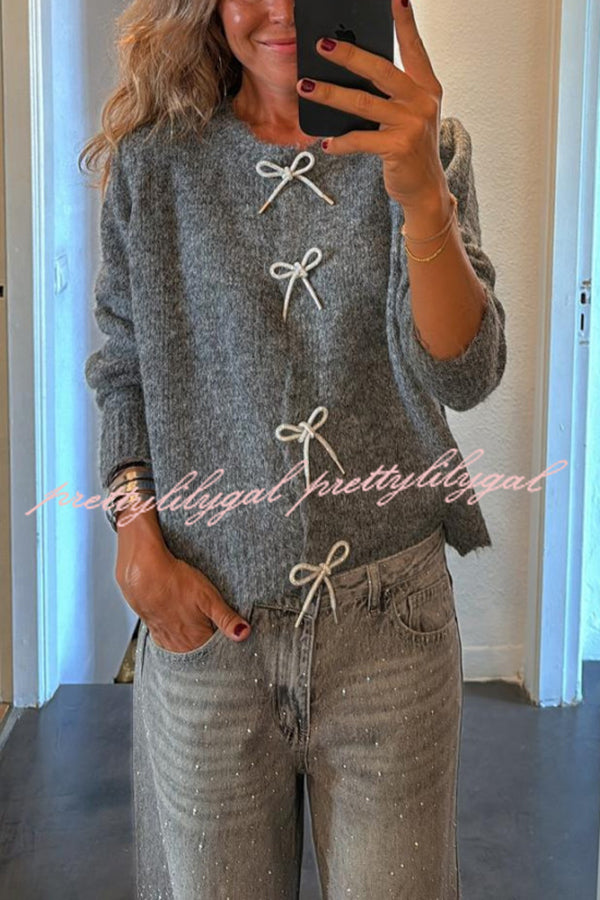 Paris Mornings Knit Front Bow Design Long Sleeve Relaxed Cardigan