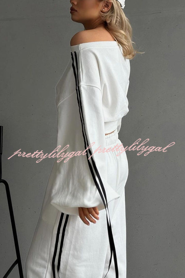 Contrast Color Webbing Casual Sweatshirt and Elastic Waist Tie Loose Pants Set