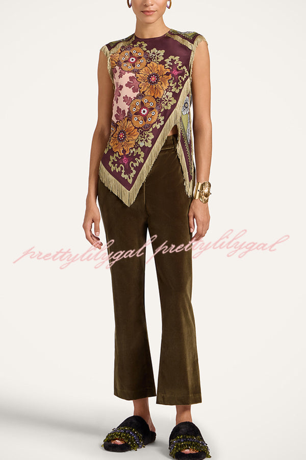 Stunning Floral Print Asymmetric Tassel Trim Scarf Top