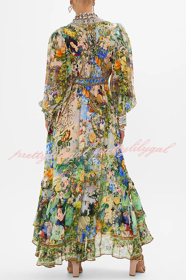 Fairy Tale Print V-Neck Lantern Sleeve Waist Maxi Dress