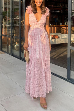 Wedding Dreams Chiffon Printed Flutter Sleeve Cutout Back Lace-up Maxi Dress