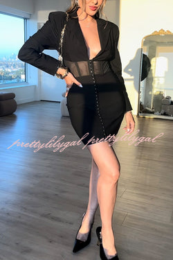 Exclusive Party Stretch Mesh Patchwork Long Sleeve Blazer Mini Dress