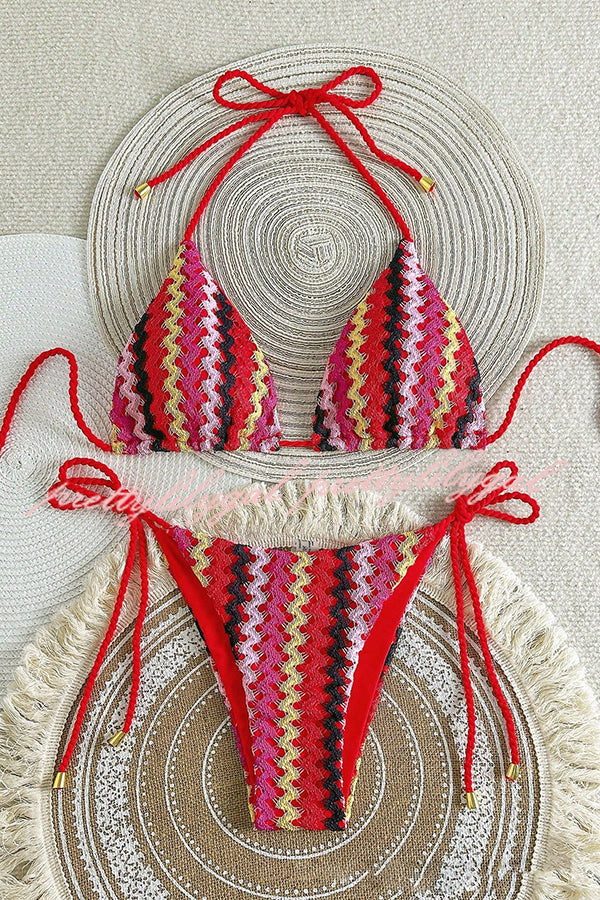 Knit Wave Unique Print Stretch Tie Bikini Swimsuit