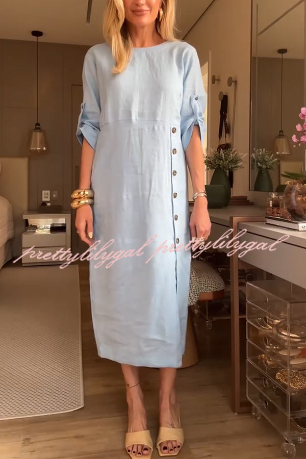 Ultra-comfortable Linen Blend Half Sleeve Front Button Detail Relaxed Pocket Midi Dress