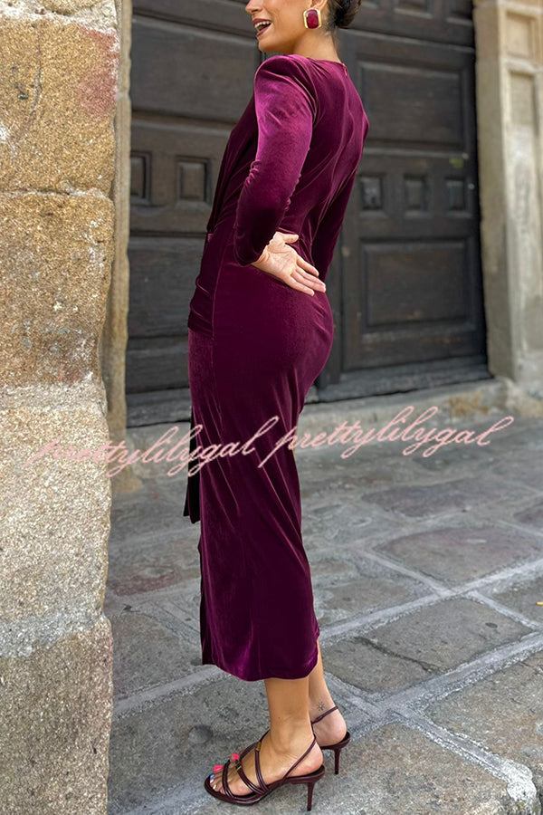 Elisabeth Luxurious Velvet Padded Shoulders Long Sleeve Twist Waist Drape Midi Dress