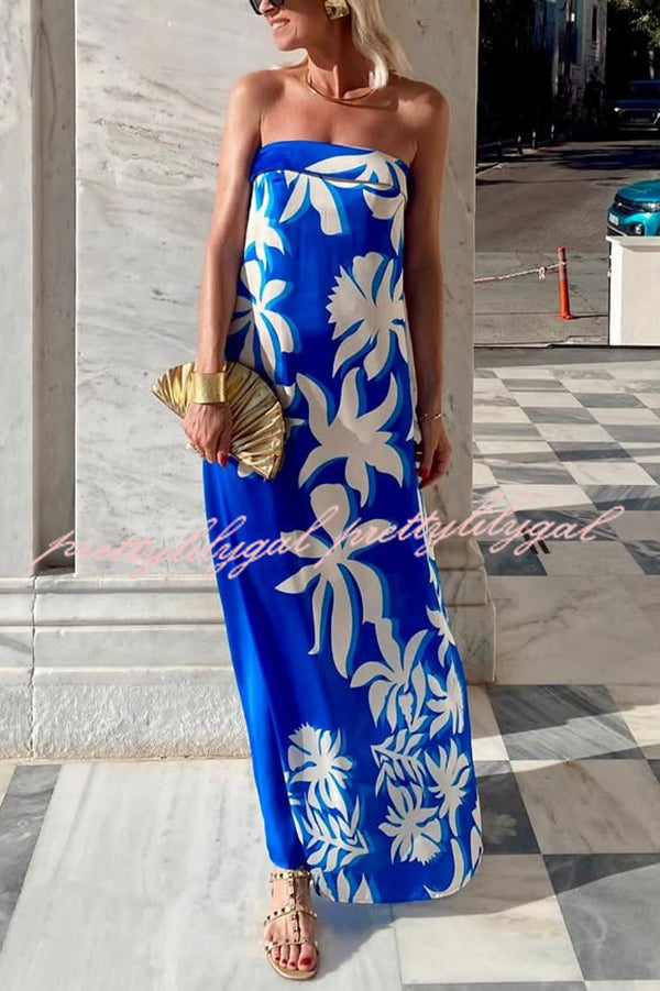 Fashion Vacation Satin Unique Print Off Shoulder Maxi Dress