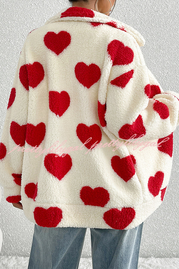 Fashion Plush Heart Print Loose Pocket Long Sleeve Zipper Jacket