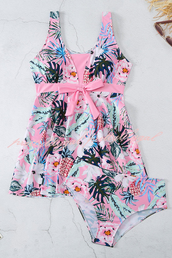 Cheerful Floral Print Bow Detail Tankini Swimsuit Set