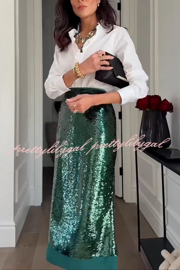 Shimmer Scene Sequin Patchwork Hem High Rise Slit Pencil Midi Skirt