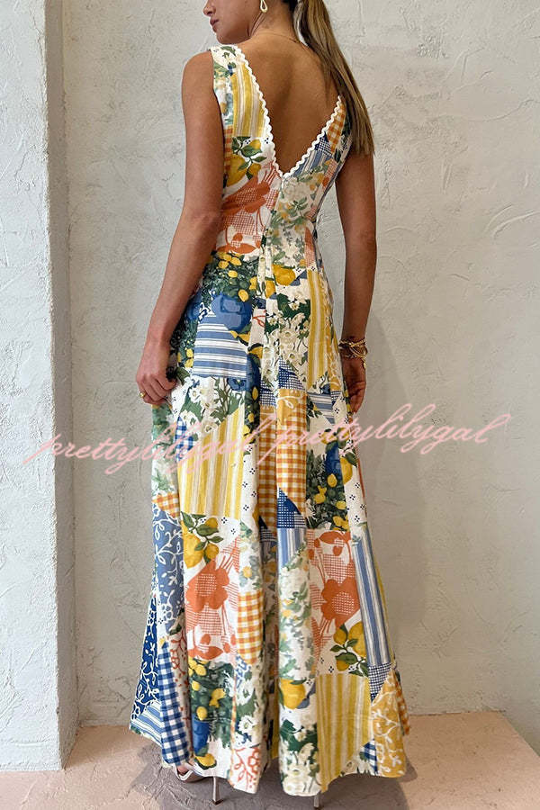 Eternal Italian Paradise Linen Blend Patchwork Print Pocketed Maxi Dress