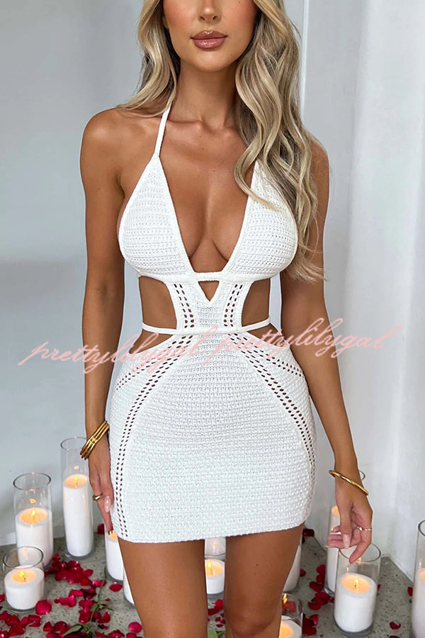 Effortlessly Cool and Sexy Knit Crochet Cutout Halter Tie-up Stretch Mini Dress