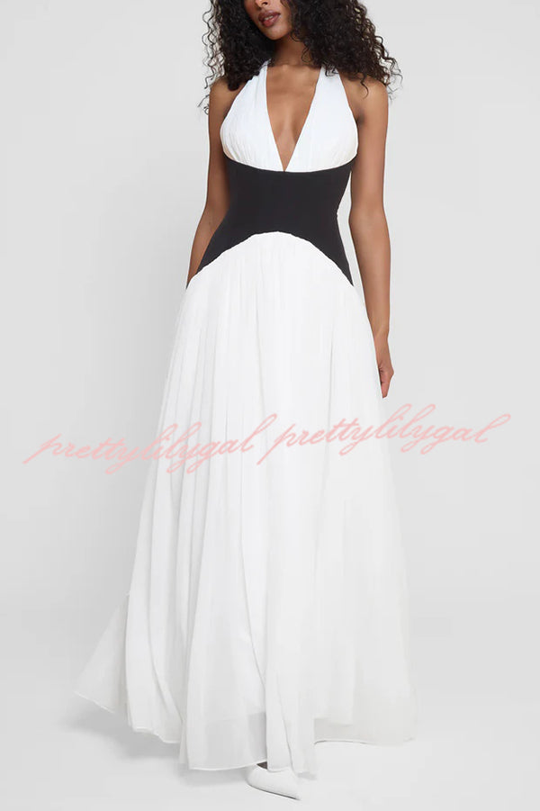Fashionable Color Matching Sexy Halter Neck Waist Maxi Dress
